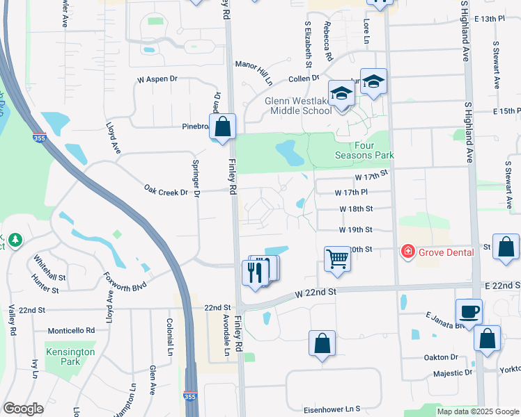 map of restaurants, bars, coffee shops, grocery stores, and more near 450 Woodmoor Drive in Lombard