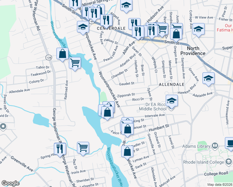 map of restaurants, bars, coffee shops, grocery stores, and more near 433 Woonasquatucket Avenue in North Providence