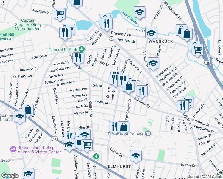 map of restaurants, bars, coffee shops, grocery stores, and more near 25 Zella Street in Providence