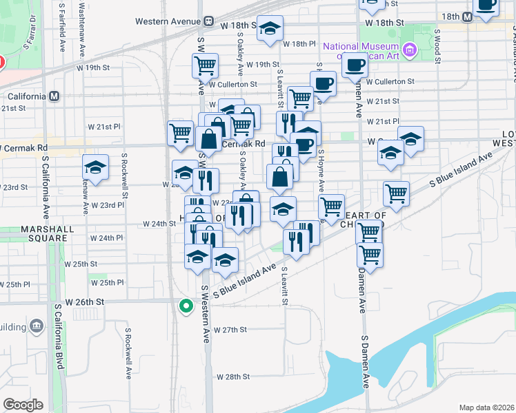 map of restaurants, bars, coffee shops, grocery stores, and more near 2248 West 24th Street in Chicago