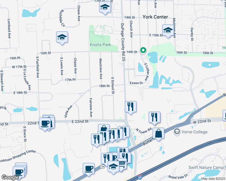 map of restaurants, bars, coffee shops, grocery stores, and more near 403 South School Street in Lombard