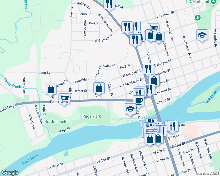 map of restaurants, bars, coffee shops, grocery stores, and more near 341 West Chamberlin Street in Dixon