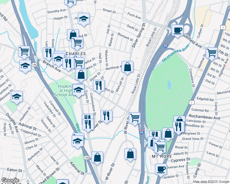 map of restaurants, bars, coffee shops, grocery stores, and more near 65 Metcalf Street in Providence