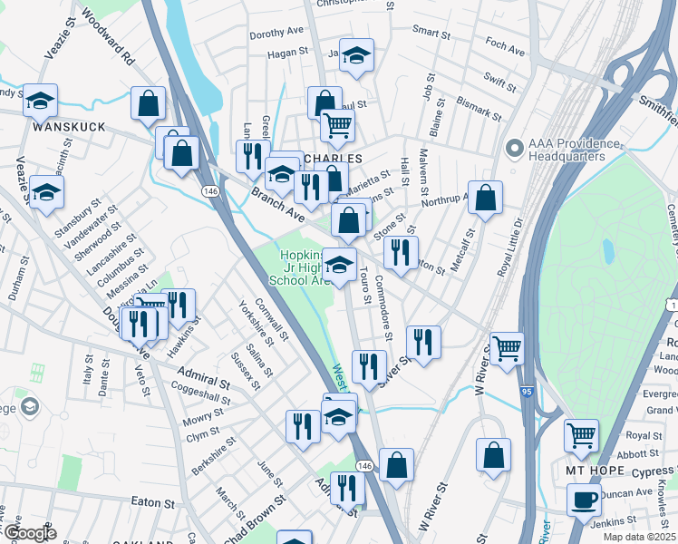 map of restaurants, bars, coffee shops, grocery stores, and more near 485 Charles Street in Providence