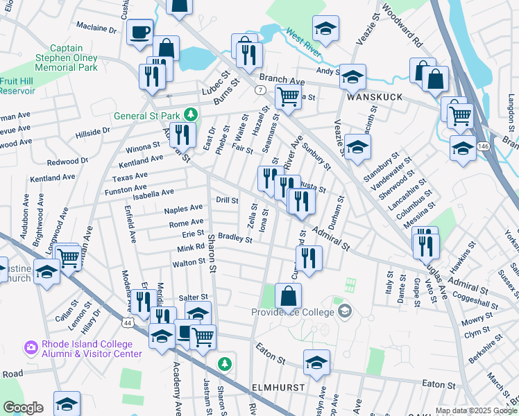 map of restaurants, bars, coffee shops, grocery stores, and more near 25 Zella Street in Providence