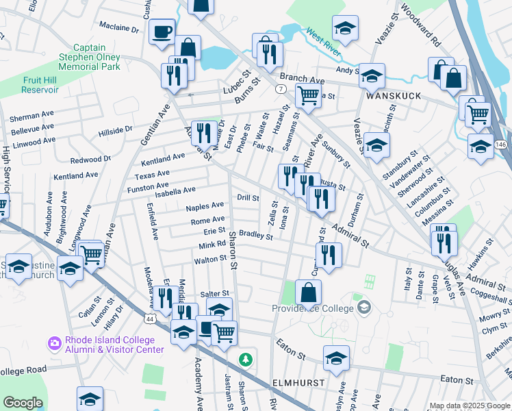 map of restaurants, bars, coffee shops, grocery stores, and more near 30 Tidd Street in Providence
