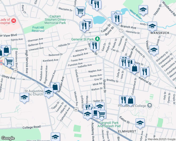 map of restaurants, bars, coffee shops, grocery stores, and more near 95 Rome Avenue in Providence