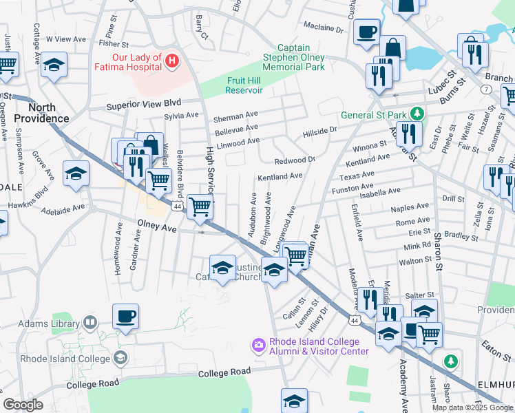 map of restaurants, bars, coffee shops, grocery stores, and more near 50 Brightwood Avenue in Providence