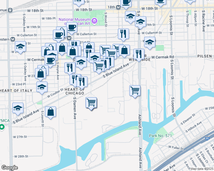 map of restaurants, bars, coffee shops, grocery stores, and more near 2357 South Wood Street in Chicago