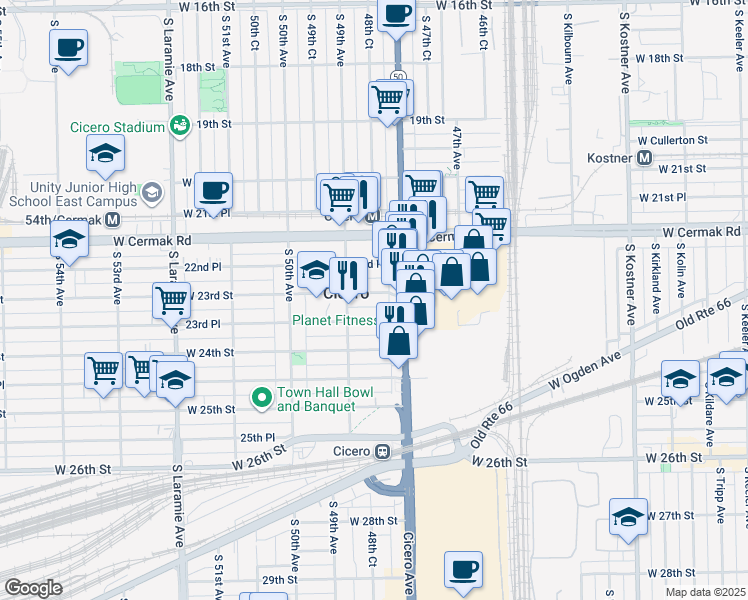 map of restaurants, bars, coffee shops, grocery stores, and more near 4825 23rd Place in Chicago