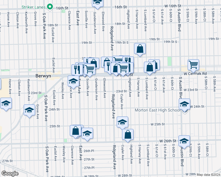 map of restaurants, bars, coffee shops, grocery stores, and more near 2309 Elmwood Avenue in Berwyn