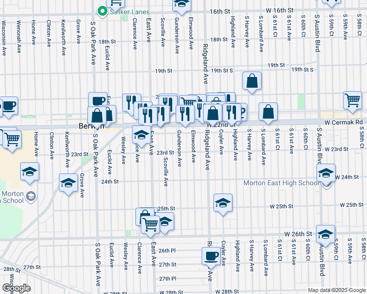 map of restaurants, bars, coffee shops, grocery stores, and more near 2308 Gunderson Avenue in Berwyn