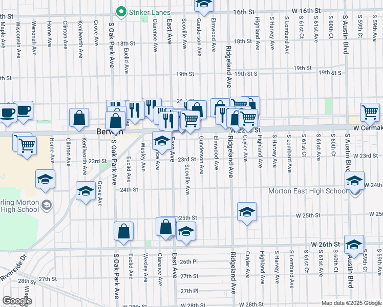 map of restaurants, bars, coffee shops, grocery stores, and more near 2308 Scoville Avenue in Berwyn
