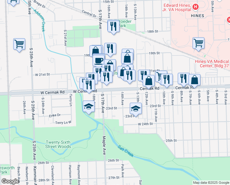 map of restaurants, bars, coffee shops, grocery stores, and more near 2215 South 15th Avenue in North Riverside