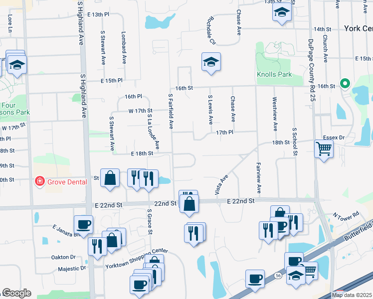 map of restaurants, bars, coffee shops, grocery stores, and more near 517 Rosebud Drive North in Lombard