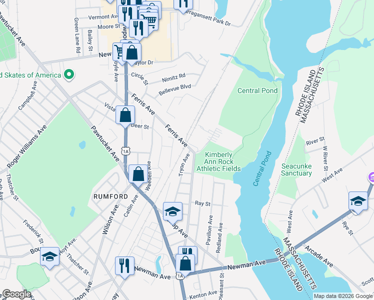map of restaurants, bars, coffee shops, grocery stores, and more near 89 Tryon Avenue in East Providence