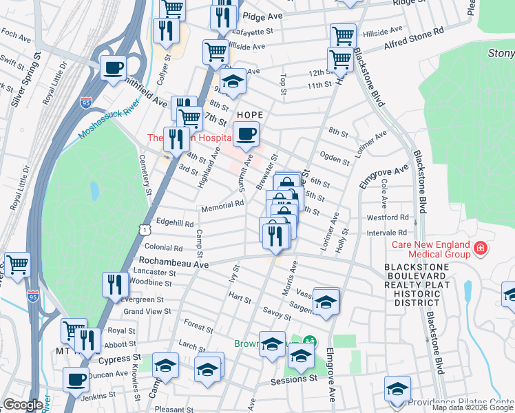 map of restaurants, bars, coffee shops, grocery stores, and more near 27 Burlington Street in Providence