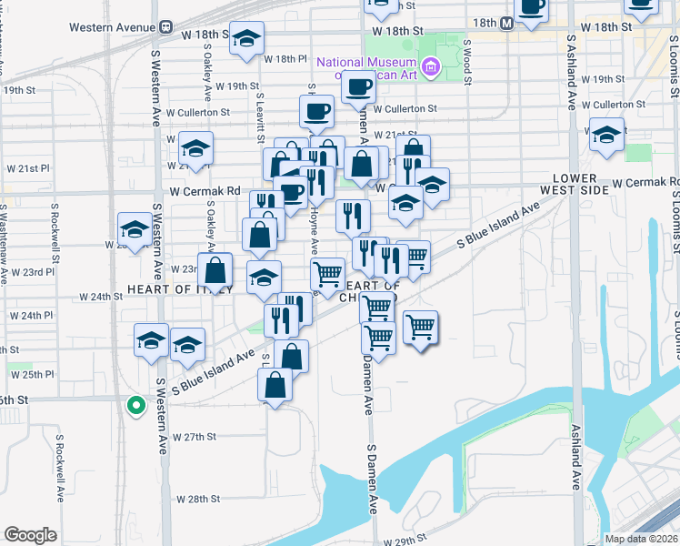 map of restaurants, bars, coffee shops, grocery stores, and more near 2416 South Blue Island Avenue in Chicago