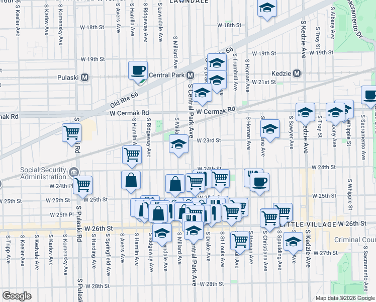 map of restaurants, bars, coffee shops, grocery stores, and more near 2342 South Central Park Avenue in Chicago