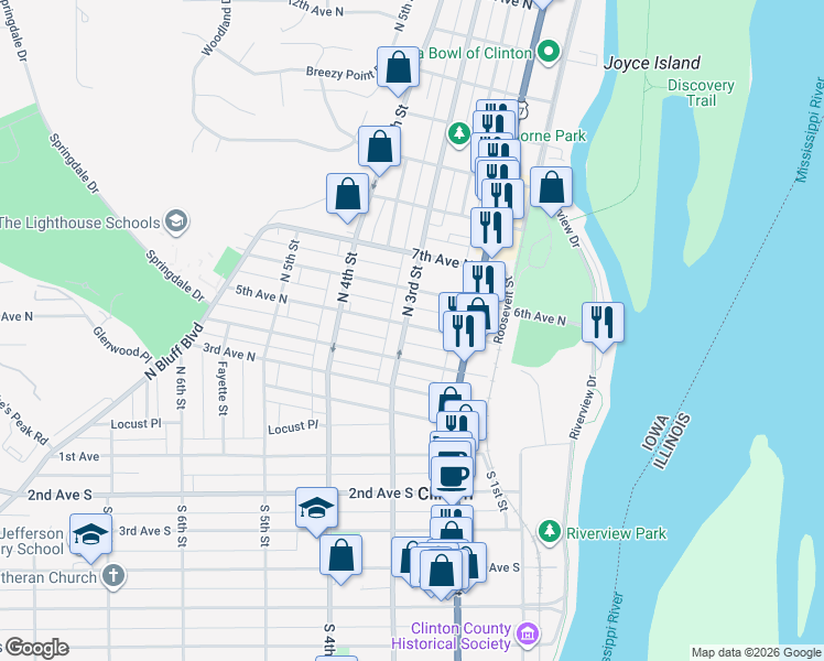 map of restaurants, bars, coffee shops, grocery stores, and more near 401-415 North 3rd Street in Clinton