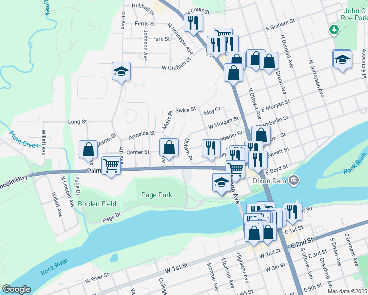 map of restaurants, bars, coffee shops, grocery stores, and more near 415 Upham Place in Dixon