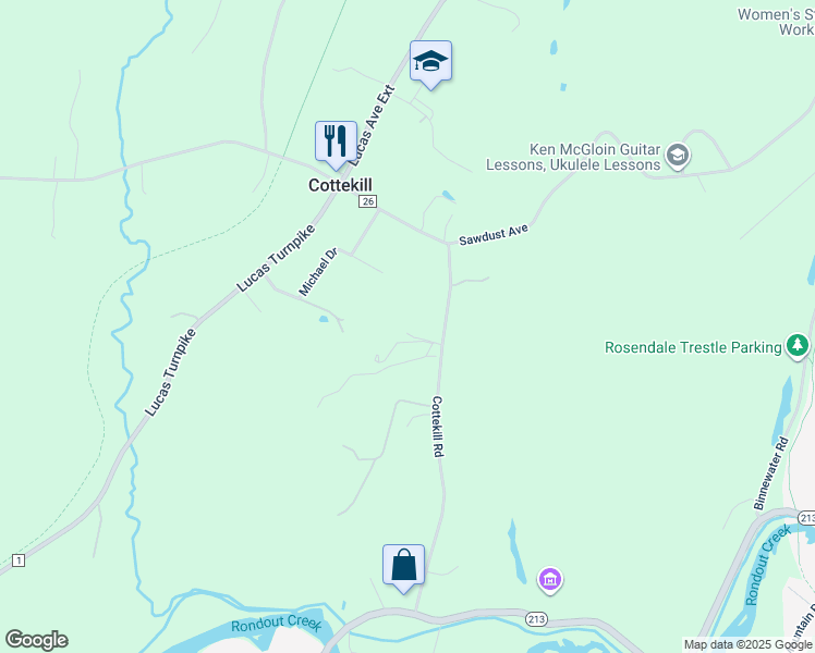 map of restaurants, bars, coffee shops, grocery stores, and more near 125 Cottekill Road in Cottekill
