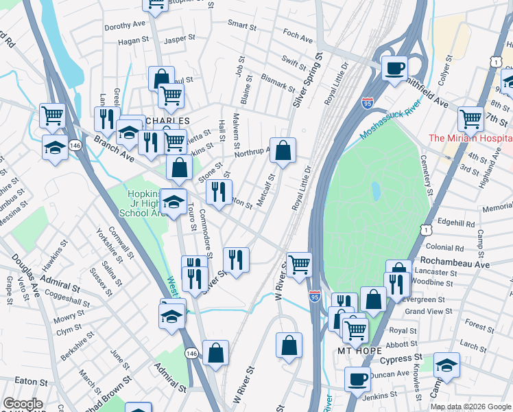 map of restaurants, bars, coffee shops, grocery stores, and more near 29 Ashton Street in Providence