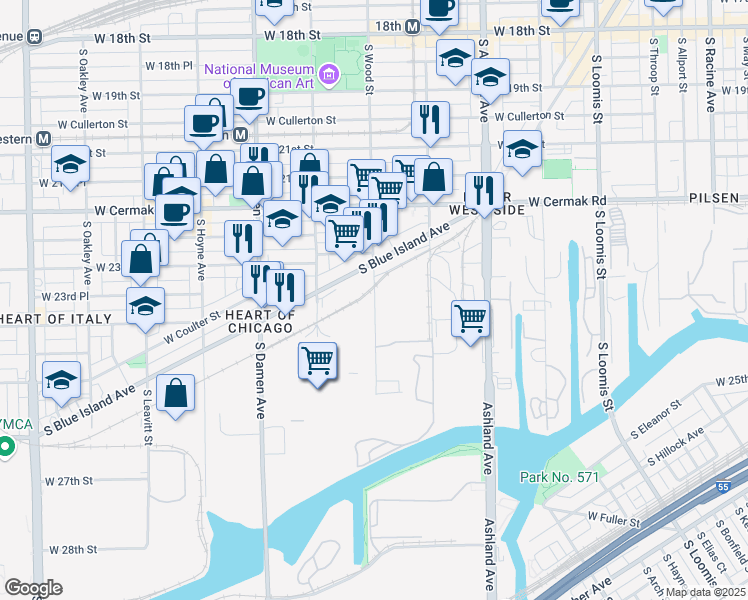 map of restaurants, bars, coffee shops, grocery stores, and more near 2357 South Wood Street in Chicago