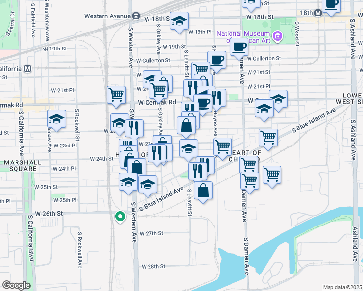 map of restaurants, bars, coffee shops, grocery stores, and more near 2358 South Leavitt Street in Chicago