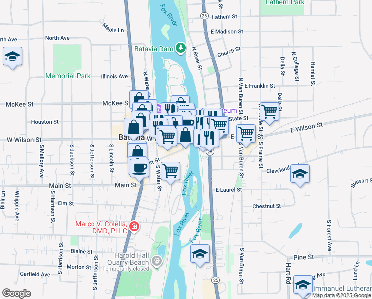 map of restaurants, bars, coffee shops, grocery stores, and more near 400 Shumway Avenue in Batavia