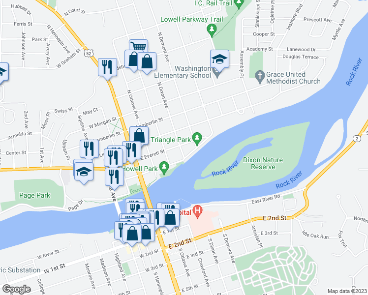 map of restaurants, bars, coffee shops, grocery stores, and more near 222 North Dixon Avenue in Dixon