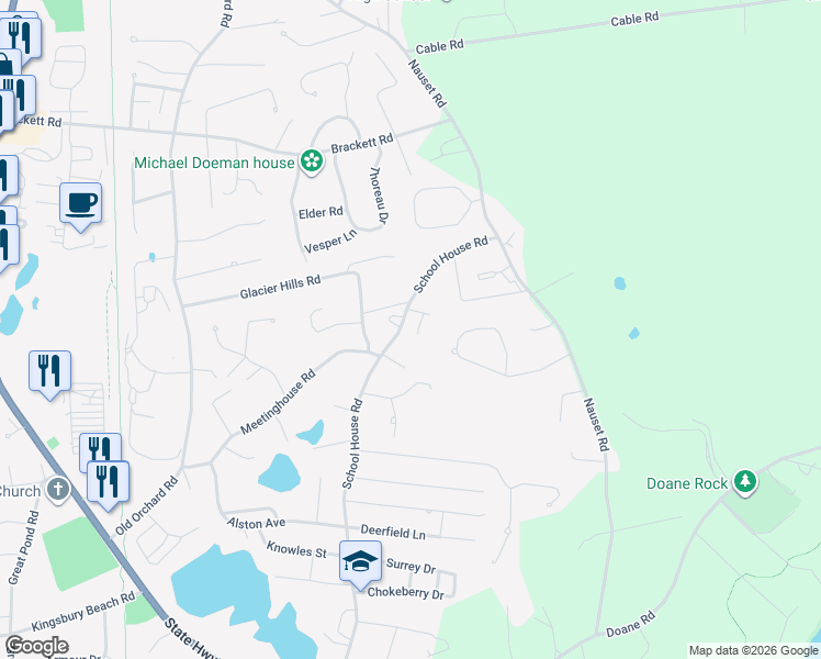 map of restaurants, bars, coffee shops, grocery stores, and more near 70 Spinnaker Way in Eastham