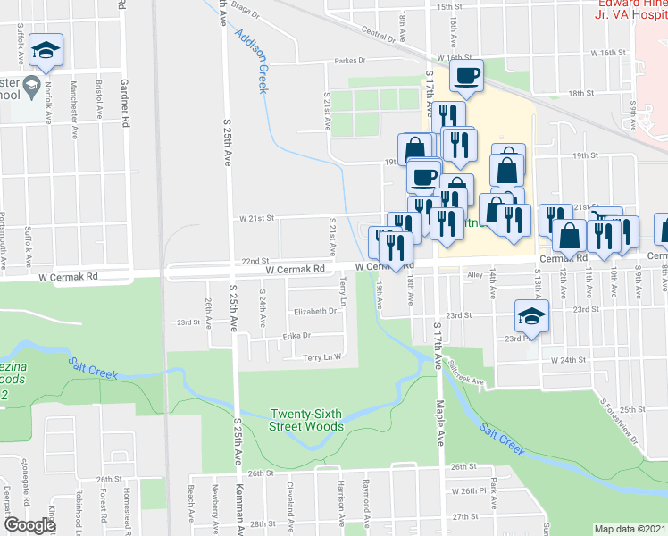 map of restaurants, bars, coffee shops, grocery stores, and more near Cermak Rd & 21st Ave in Broadview