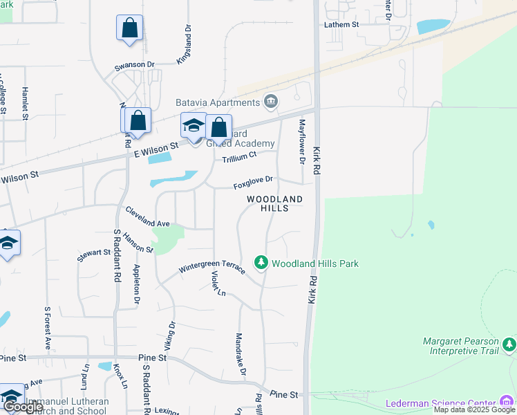 map of restaurants, bars, coffee shops, grocery stores, and more near 326 Meadowrue Lane in Batavia