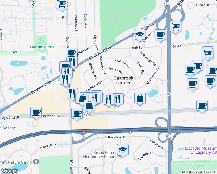 map of restaurants, bars, coffee shops, grocery stores, and more near 1S581 Macarthur Drive in Oakbrook Terrace