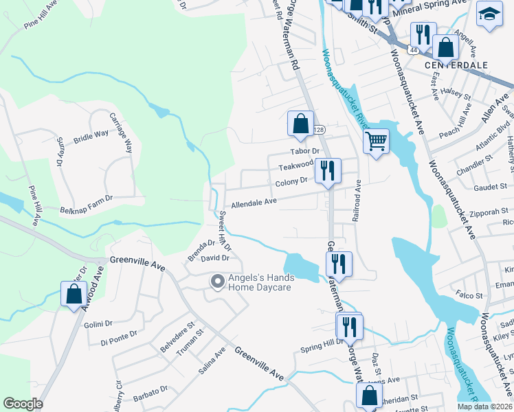 map of restaurants, bars, coffee shops, grocery stores, and more near 35 Colony Drive in Johnston