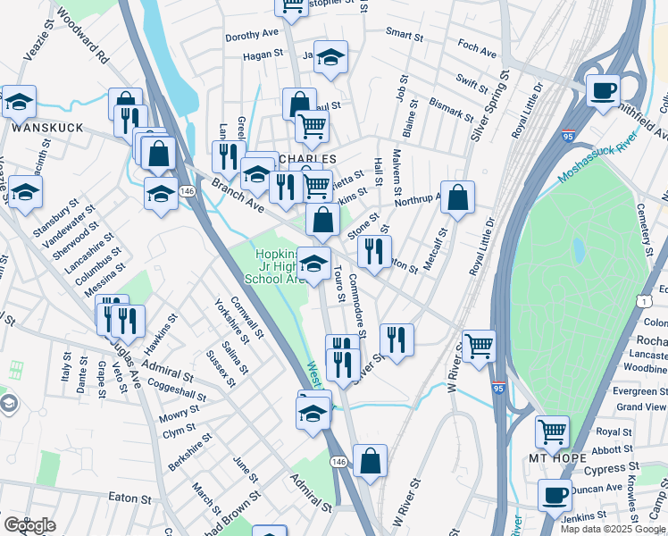 map of restaurants, bars, coffee shops, grocery stores, and more near in Providence