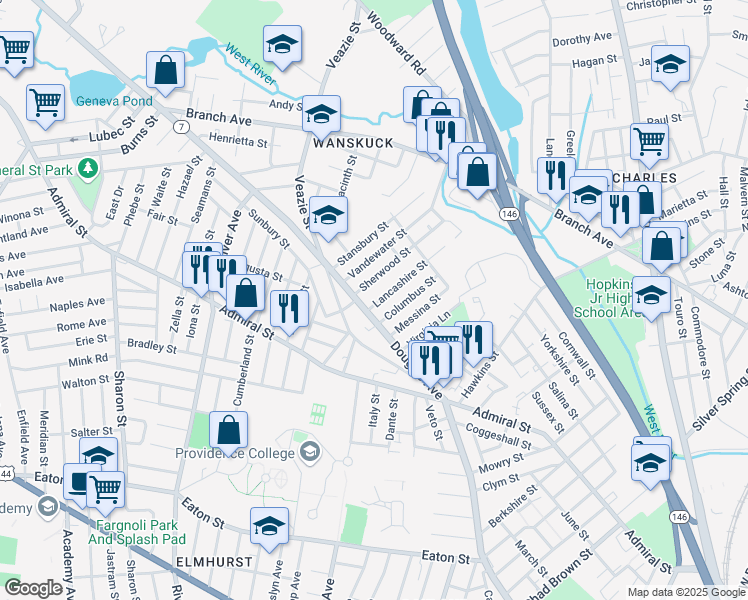 map of restaurants, bars, coffee shops, grocery stores, and more near 41 Sherwood Street in Providence