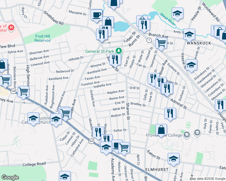 map of restaurants, bars, coffee shops, grocery stores, and more near 60 Isabella Avenue in Providence