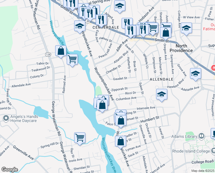 map of restaurants, bars, coffee shops, grocery stores, and more near 70 Gaudet Street in North Providence