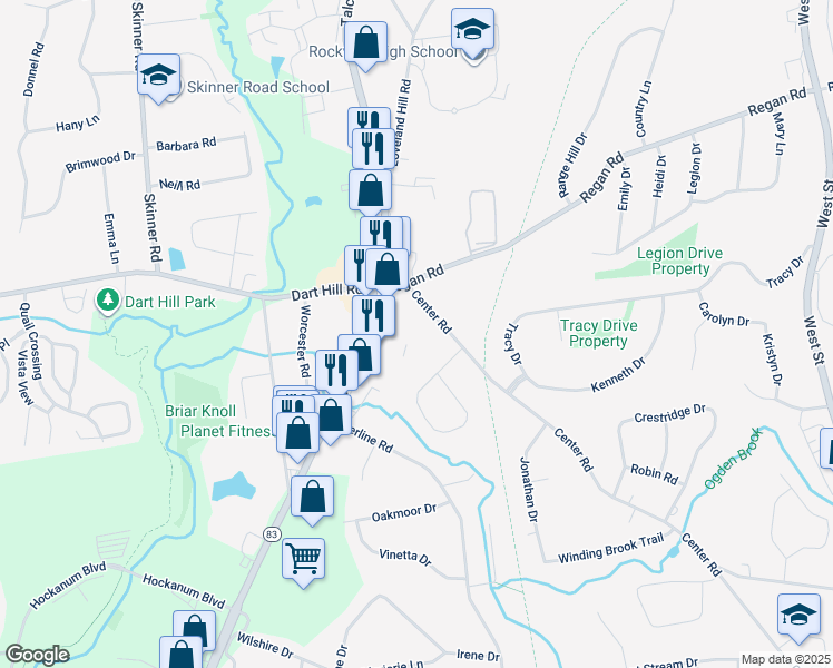 map of restaurants, bars, coffee shops, grocery stores, and more near 335 Center Road in Vernon
