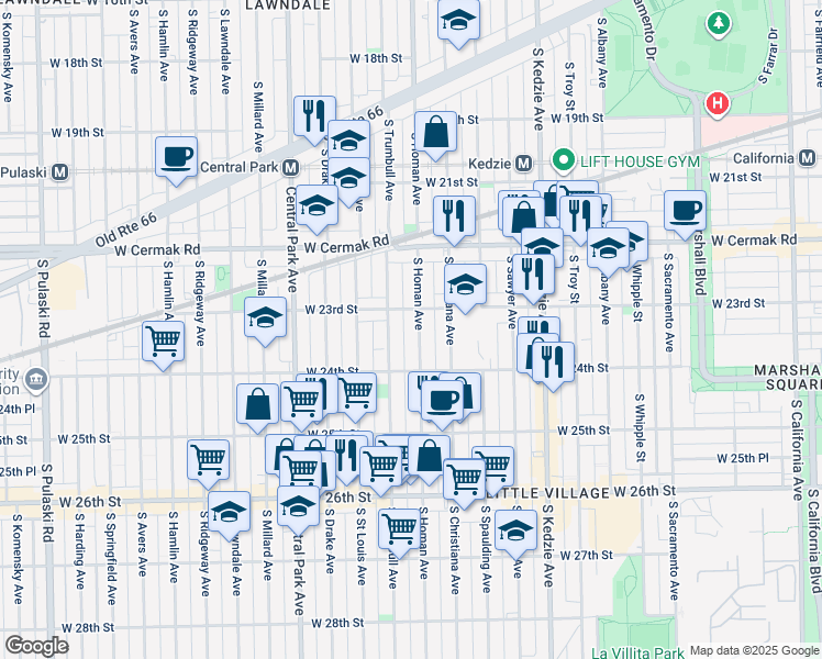 map of restaurants, bars, coffee shops, grocery stores, and more near 2259 South Trumbull Avenue in Chicago