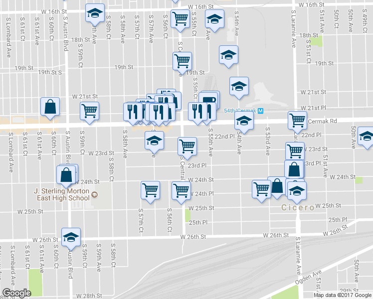 map of restaurants, bars, coffee shops, grocery stores, and more near 5535 West 22nd Place in Cicero