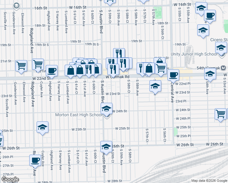 map of restaurants, bars, coffee shops, grocery stores, and more near 2216 South 59th Court in Cicero