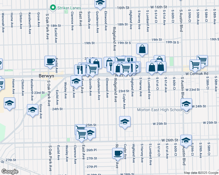 map of restaurants, bars, coffee shops, grocery stores, and more near 2213 Elmwood Avenue in Berwyn