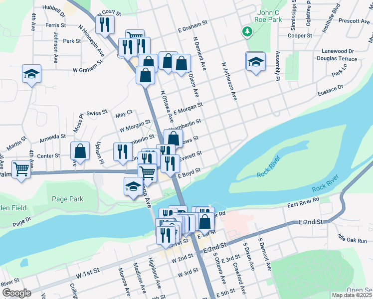 map of restaurants, bars, coffee shops, grocery stores, and more near 410 North Ottawa Avenue in Dixon