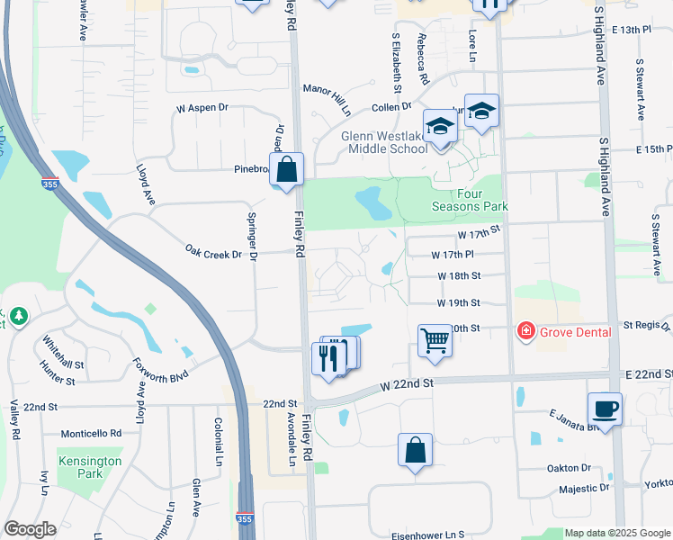 map of restaurants, bars, coffee shops, grocery stores, and more near 450 Woodmoor Drive in Lombard