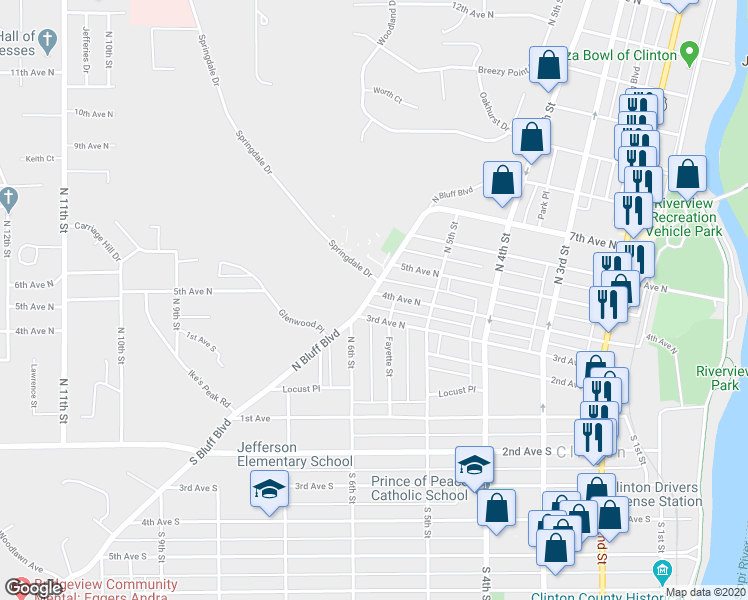 map of restaurants, bars, coffee shops, grocery stores, and more near 565 4th Avenue North in Clinton