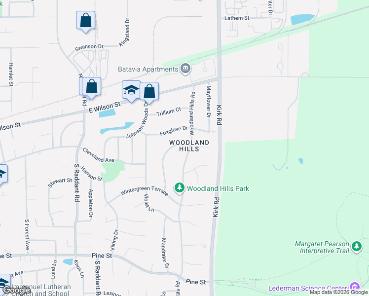 map of restaurants, bars, coffee shops, grocery stores, and more near 323 Meadowrue Lane in Batavia