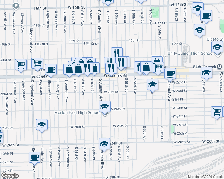 map of restaurants, bars, coffee shops, grocery stores, and more near 2216 South 59th Court in Cicero